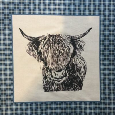 Blue Highland Cow Panel Sqaure 100% Designer Quilting Cotton