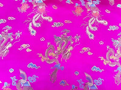 Fushia Hot Pink Gold Traditional Chinese Embroidered Brocade, Dragon Print Chinese Fabric - Image 3