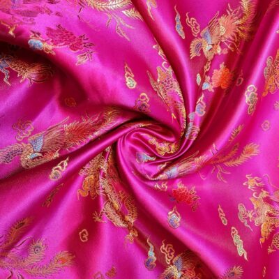 Fushia Hot Pink Gold Traditional Chinese Embroidered Brocade, Dragon Print Chinese Fabric - Image 4