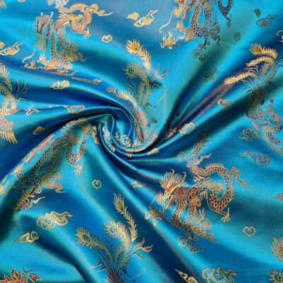 Turquoise Blue Traditional Chinese Embroidered Brocade, Dragon Print Chinese Fabric - Image 5