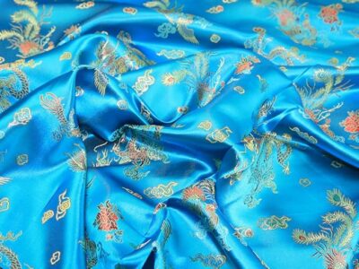 Turquoise Blue Traditional Chinese Embroidered Brocade, Dragon Print Chinese Fabric - Image 4