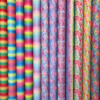 Rainbow Glitter Fabric With Cotton Backing Multicoloured Mermaid Fish Scales & Candy Strips