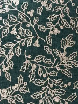 Green Vintage Holly Leaves Metallic Foil Vintage Christmas Cotton