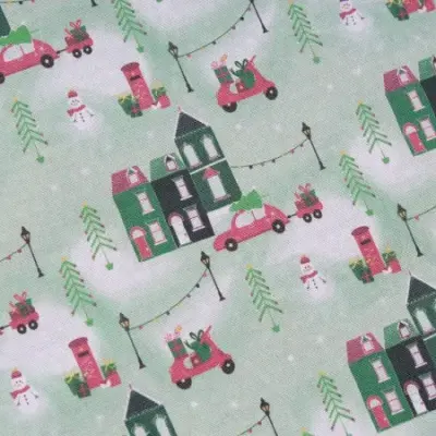 Mint Green Festive Winter Scenes Christmas Tree Retro Christmas Fabric 100% Cotton Egyptian Tight Woven