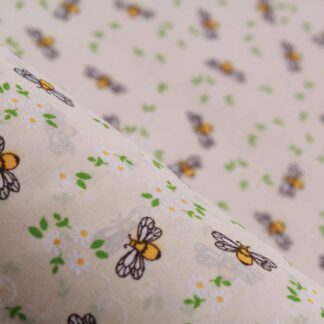 Cream Colour & Busy Bees with Flowers Polycotton Printed Fabric