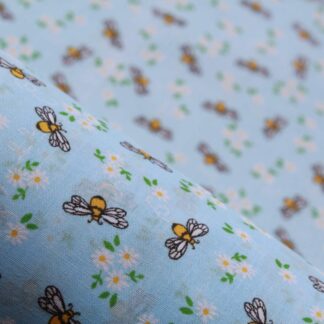 Light Blue & Busy Bees with Flowers Polycotton Printed Fabric