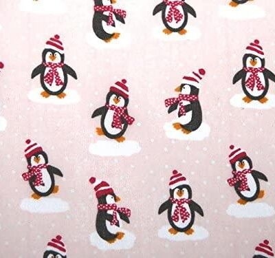 Polycotton Fabric Baby Pink Printed With Penguins /25mm
