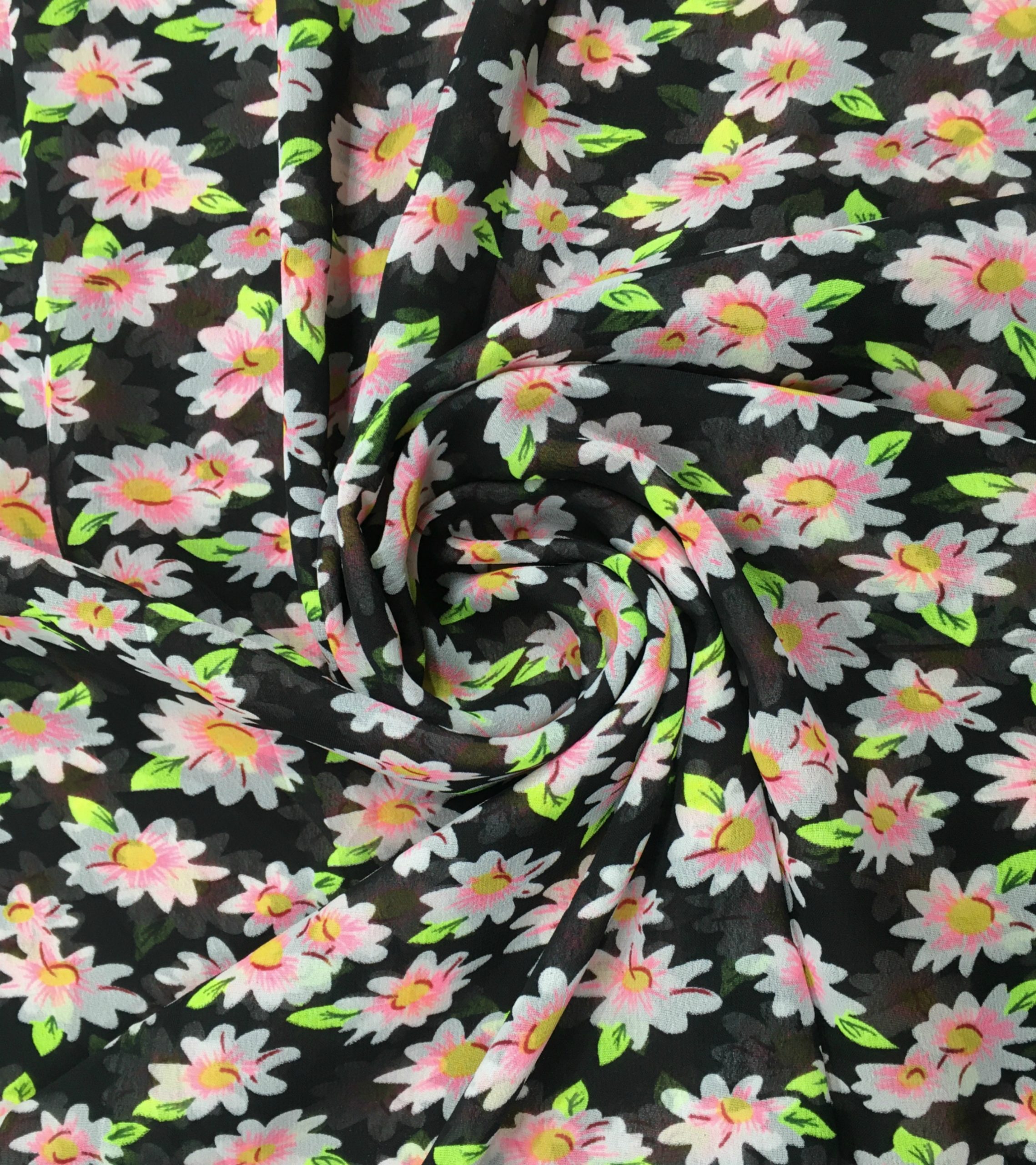 Georgette Fabric Bright flowers On Black Coloured Fabric