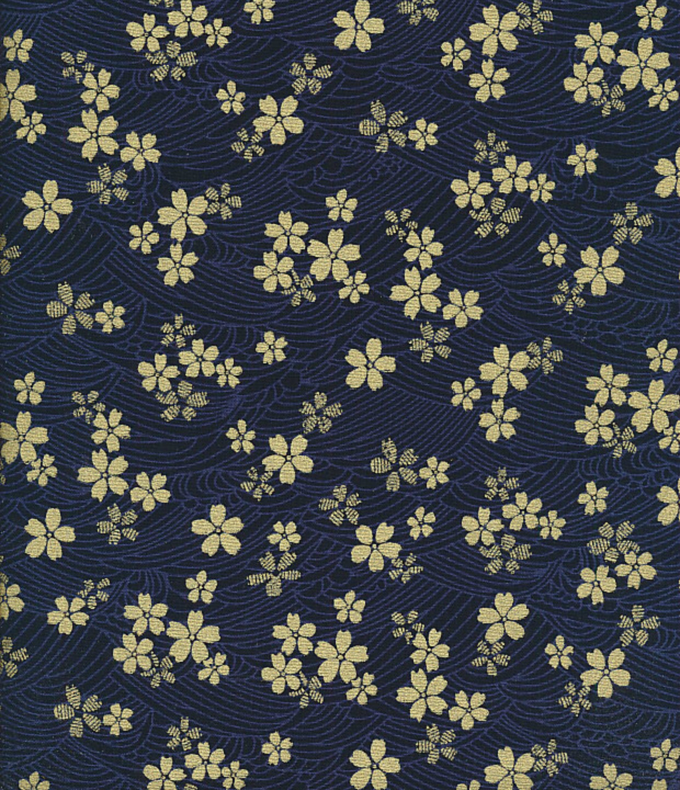 100% Cotton Japanese Gilded Fabric Golden Flowers On Navy blue Waves