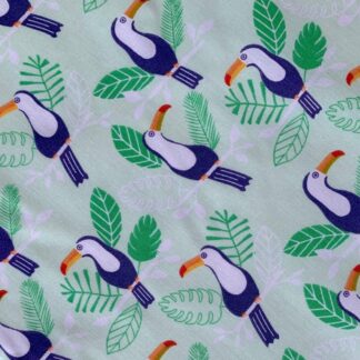 Polycotton Fabric Light Green Toucan Bird in The Tropical Trees