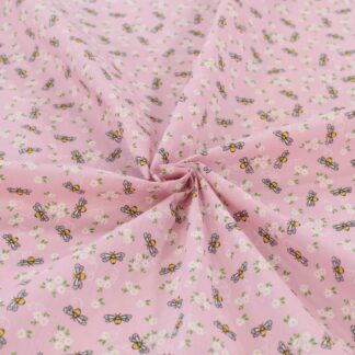 Busy Bees & Light Pink Flowers Polycotton Printed Fabric