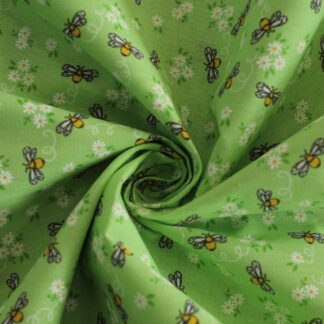 Light Green & Busy Bees with Flowers Polycotton Printed Fabric