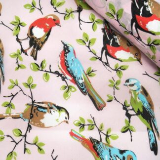 Polycotton Fabric Light Pink Coloured Birds On Branches Trees Nature Leaves