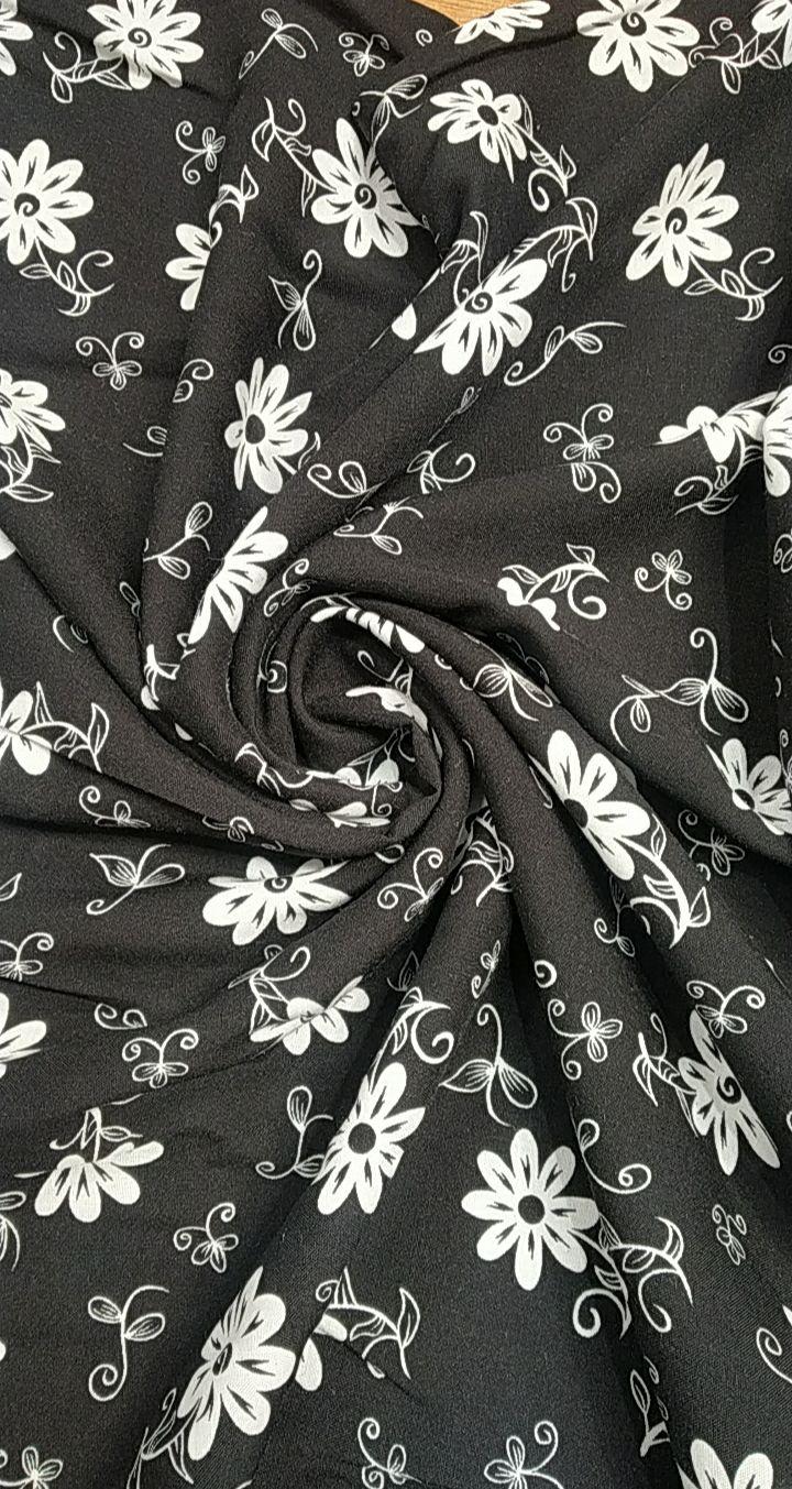 Viscose Fabric Daisy Floral Flowers on Black