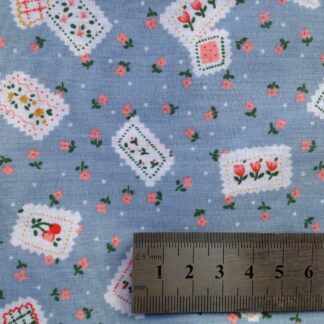 Polycotton Fabric Blue Coloured Floral Country Patch Work Pattern Basket Fruit Flowers
