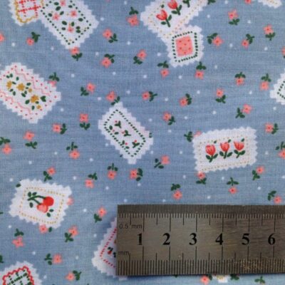Polycotton Fabric Blue Coloured Floral Country Patch Work Pattern Basket Fruit Flowers