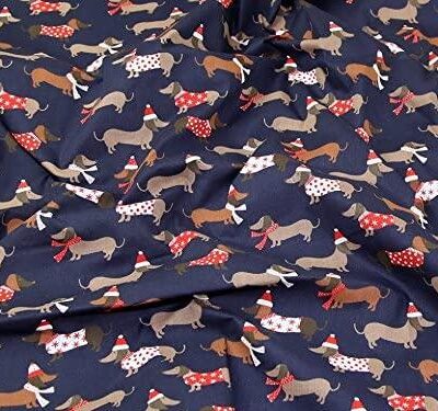 Polycotton Fabric Navy Blue Coloured Festive Christmas Xmas Dressed Dogs Dachshund Puppies