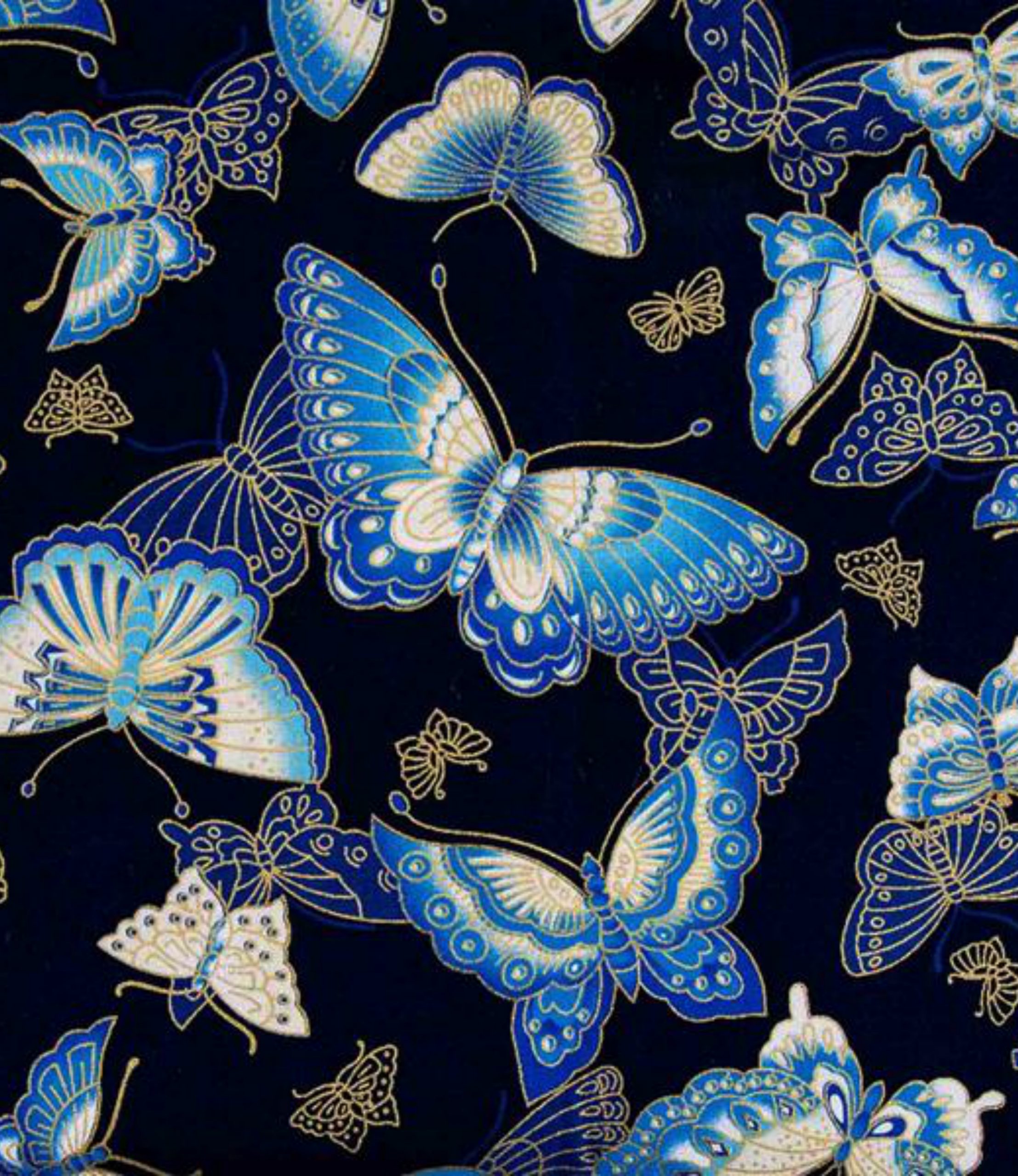 100Cotton Japanese Gilded Fabric Multicoloured Butterfly Gold on Black
