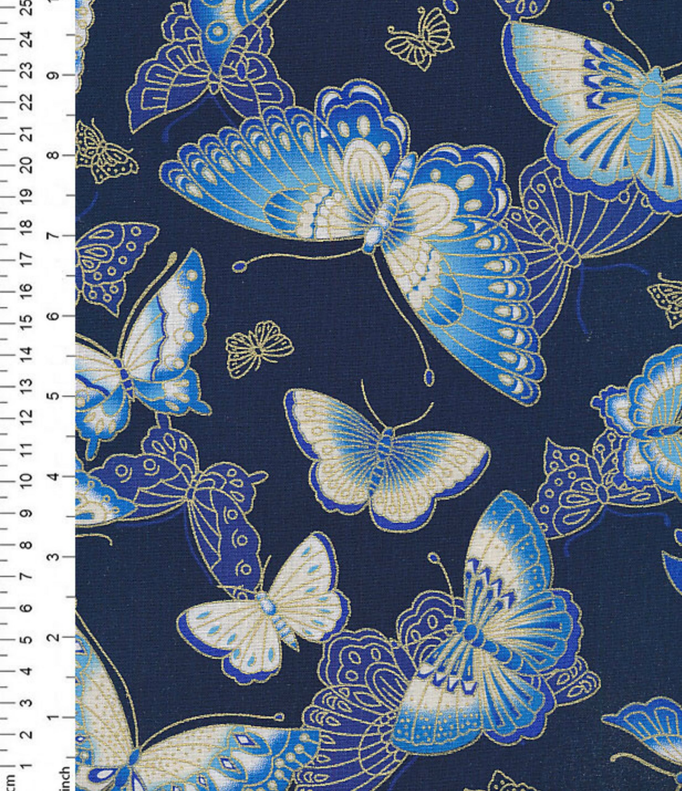 100%Cotton Japanese Gilded Fabric Multicoloured Butterfly Gold on Black