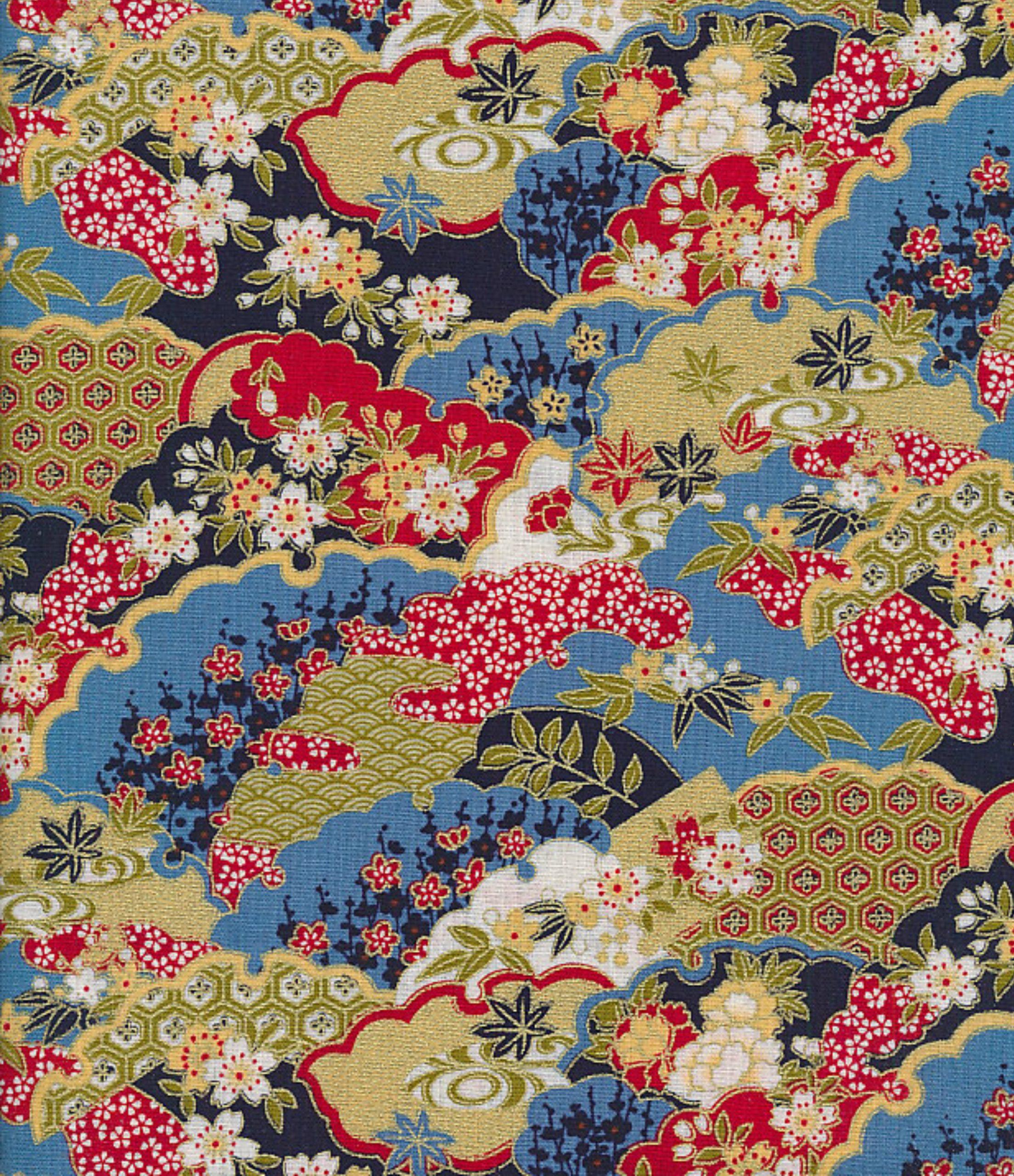 100% Cotton Japanese Gilded Fabric Golden Oriental Flower Garden