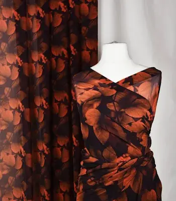 Orange Black Sheer Fabric Autumn Leaves