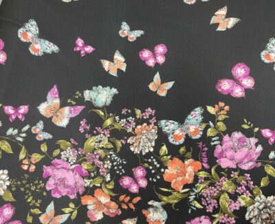 Black Butterflies Scuba Crepe Jersey Fabric - Border Print