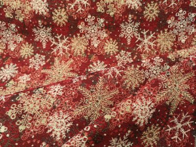 Red Christmas Fabric With Golden Snowflakes Designer Heavyweight Woven Tapestry Fabric With Lurex - Image 3