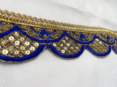 Royal Blue with Gold Sequin Embroidered Decorative Lace Embellishment Trimming - Image 2