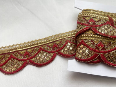 Burgundy with Gold Sequin Embroidered Decorative Lace Embellishment Trimming