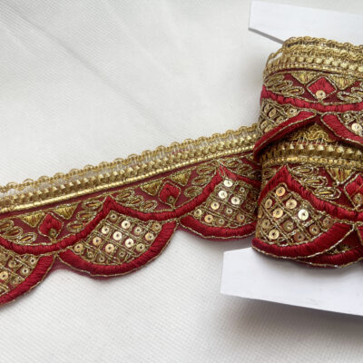 Burgundy with Gold Sequin Embroidered Decorative Lace Embellishment Trimming