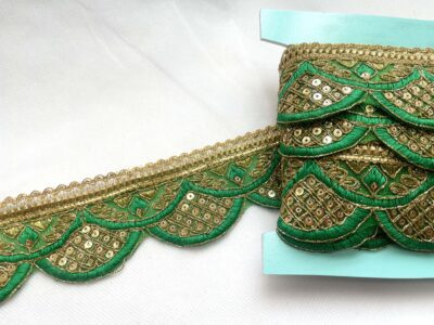 Emerald Green with Gold Sequin Embroidered Decorative Lace Embellishment Trimming