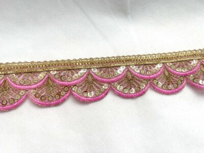 Barbie Pink with Gold Sequin Embroidered Decorative Lace Embellishment Trimming