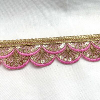 Barbie Pink with Gold Sequin Embroidered Decorative Lace Embellishment Trimming