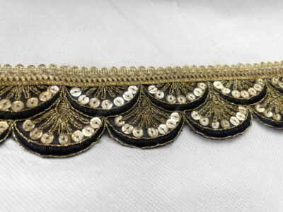 Black with Gold Sequin Embroidered Decorative Lace Embellishment Trimming - Image 2