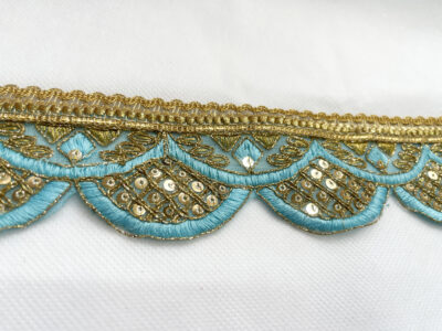 Light Blue with Gold Sequin Embroidered Decorative Lace Embellishment Trimming - Image 3