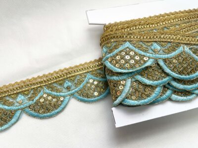 Light Blue with Gold Sequin Embroidered Decorative Lace Embellishment Trimming