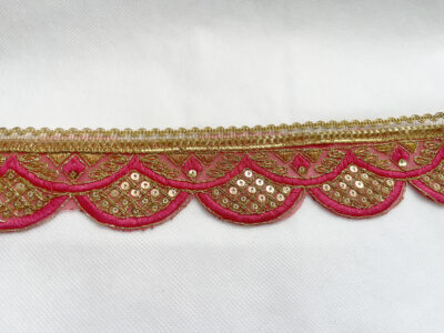 Pink with Gold Sequin Embroidered Decorative Lace Embellishment Trimming - Image 2