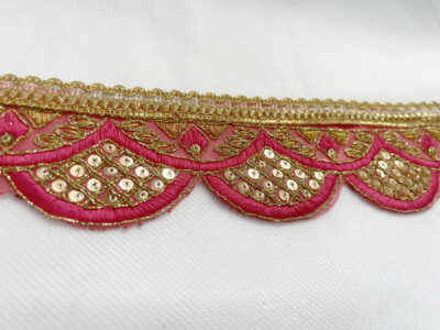 Pink with Gold Sequin Embroidered Decorative Lace Embellishment Trimming - Image 3