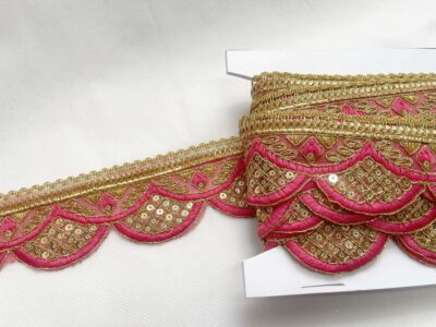 Pink with Gold Sequin Embroidered Decorative Lace Embellishment Trimming