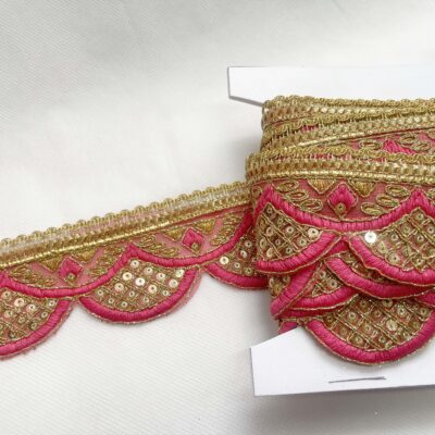 Pink with Gold Sequin Embroidered Decorative Lace Embellishment Trimming