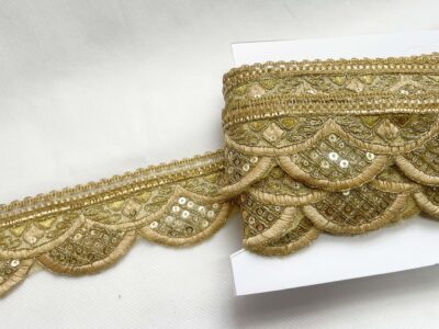 Beige with Gold Sequin Embroidered Decorative Lace Embellishment Trimming
