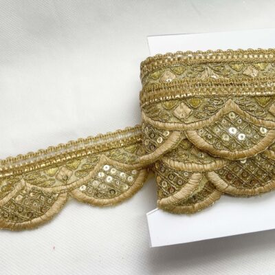 Beige with Gold Sequin Embroidered Decorative Lace Embellishment Trimming