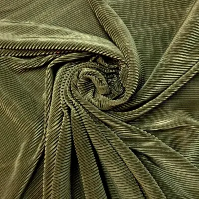 Khaki Beige Fine Textured Accordion Plisse Silky Satin Fabric Pleated Frill Dress Material