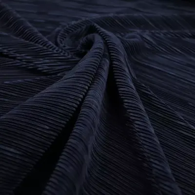 Navy Fine Textured Accordion Plisse Silky Satin Fabric Pleated Frill Dress Material