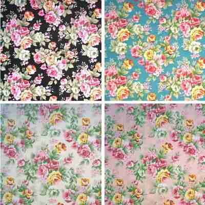 Polycotton Fabric Pink Rose Bunches Floral Flowers