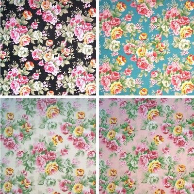 Polycotton Fabric Pink Rose Bunches Floral Flowers