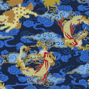 100% Cotton Japanese Fabric Digital Print Oriental Dragons On Cloud Navy Blue