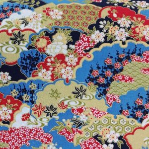 100% Cotton Japanese Fabric Digital Print Oriental Golden Flower Garden Blue