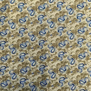 100% Cotton Japanese Fabric Digital Print Oriental Khaki Olive Green with Golden Blue Dragons
