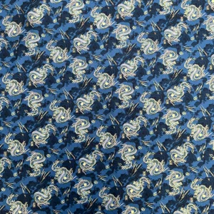 100% Cotton Japanese Fabric Digital Print Oriental Navy Denim Blue with Golden Green Dragons